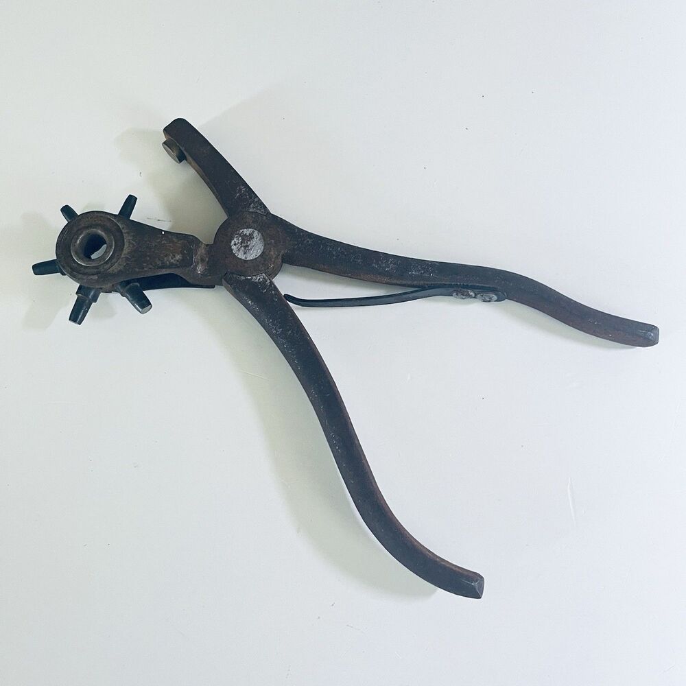 Vintage Leather Revolving Hole Punch Tool Forged Steel Frame 8” Long